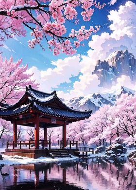 Japanese Garden with Cherry Blossoms