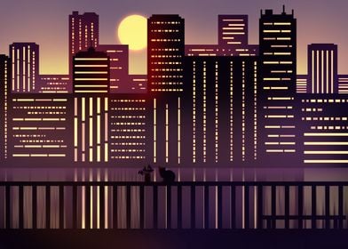 Cityscape Sunset with Cat