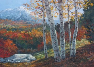 Impressionist painting Autumn Birch Trees Landscape