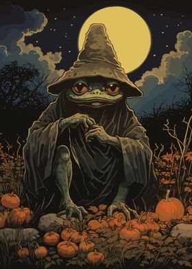 Frog Wizard with Pumpkins