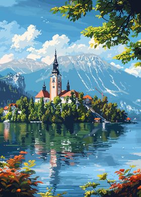 Slovenian Lake Retro Pixel Art