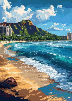 Honolulu Hawaiian Beach Pixel Art