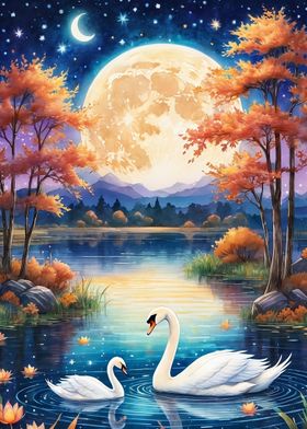 Moonlit Swan Lake digital painting 