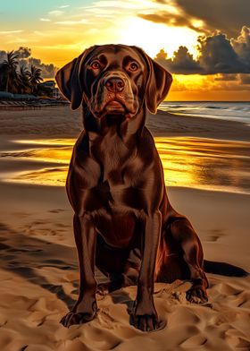 Chocolate Labrador at Sunset