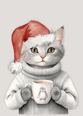 Cozy Cat Christmas  in Santa Hat with Hot Cocoa