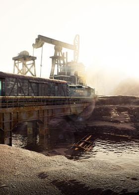 Train Crossing Oil Rig