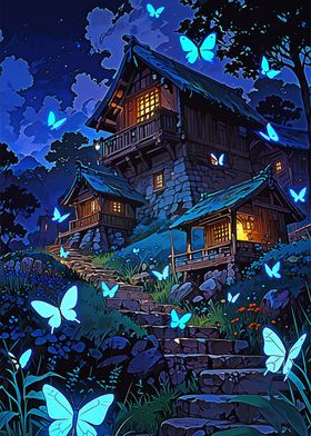 Nighttime Village with Butterflies