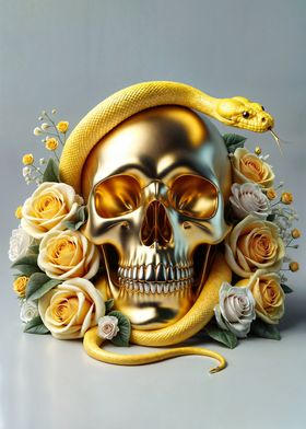 Golden Skull with Snake and Roses