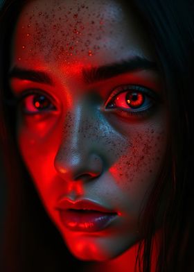 Red Light Girl Glowing Eyes Portrait