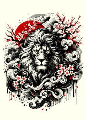 Ukiyo-e Lion with Cherry Blossoms 