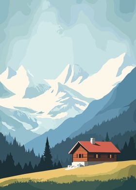 Swiss Alpes Mountain Cabin Landscape 