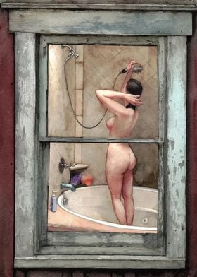 Woman Showering Through Window