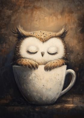 Sleeping Owl in Coffee Cup