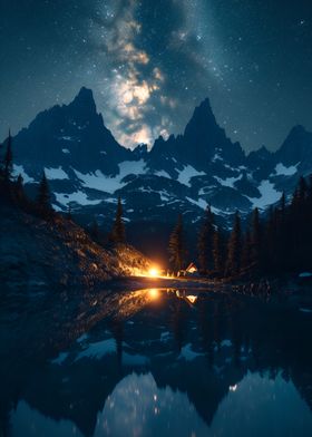 Mountain Cabin Night Sky