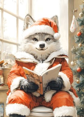 Wolf in Santa Suit Reading