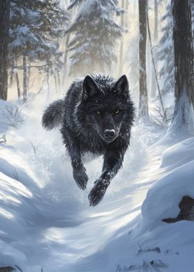 Black Wolf in Winter Forest