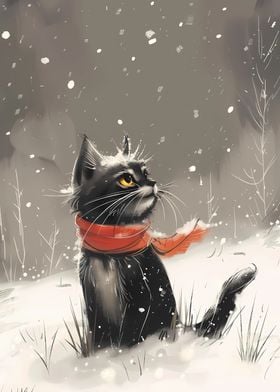 Black Cat in Winter Snow