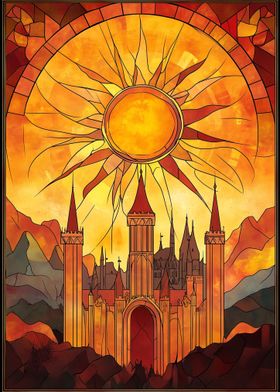 Majestic Castle at Sunset: A Stained Glass Masterpiece