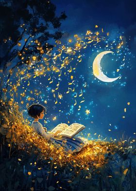 Girl Reading Under the Moon