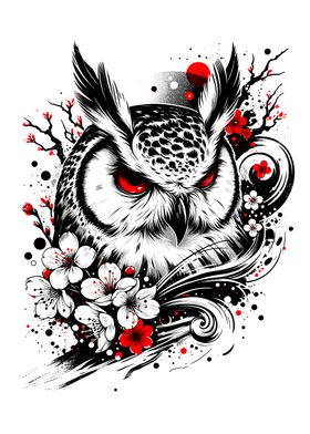 Ukiyo-e Owl with Cherry Blossoms  Black and White