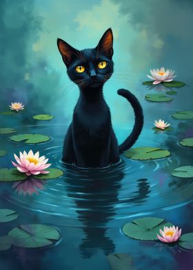 Black Cat in Water Lilies