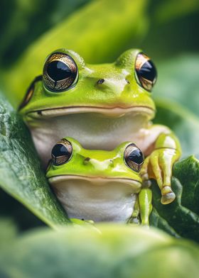 Two Green Frogs on Leaf