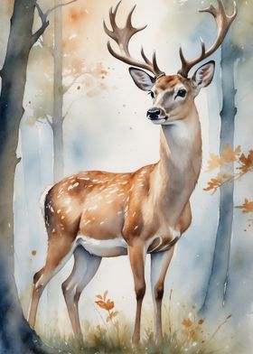 Watercolor Deer in Forest