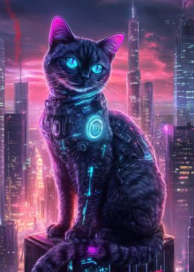 Cyberpunk Cat in Cityscape