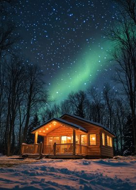 Cabin Under Northern Lights