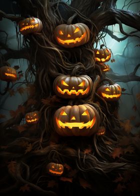 Tree with halloween pumpkins