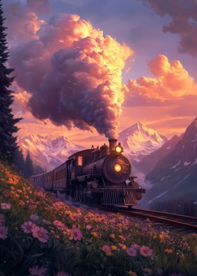 Steam Train Sunset Landscape