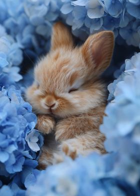 Sleeping Bunny in Blue Flowers