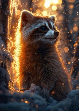 Raccoon in Winter Sunset