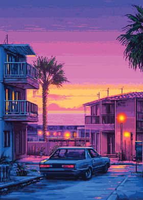 Retro Pixelated Sunset and Car