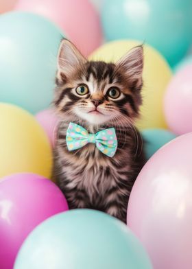 Kitten with Bowtie and Balloons