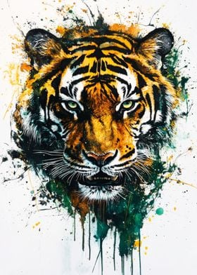 Fierce Tiger Watercolor Art Print | Bold Wall Decor for Nature Lovers | Tiger Portrait with Splashes