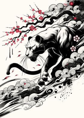 Ukiyo-e Black Panther with Cherry Blossoms