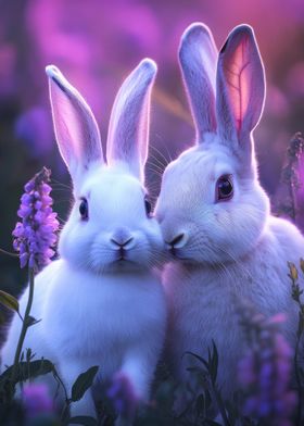 Two White Rabbits in Flowers