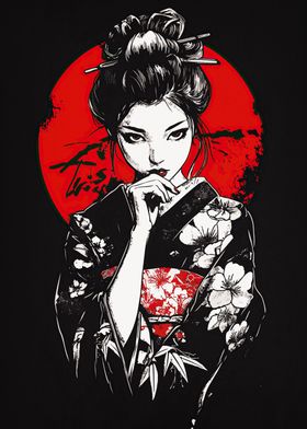 Geisha with Red Moon