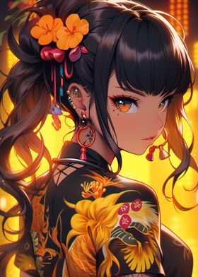 Anime Girl with Floral Design