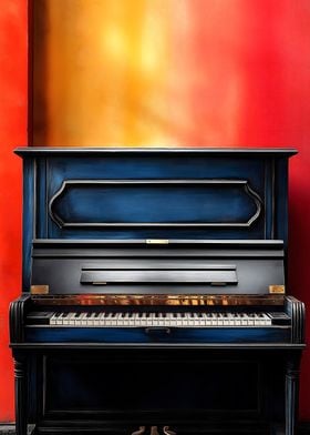 Blue Piano Against Red Wall