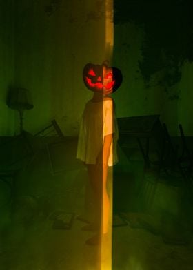 Pumpkin Head in Abandoned Room