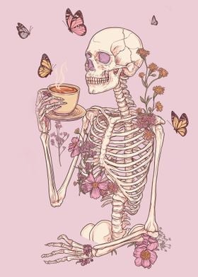 Skeleton with Flowers and Tea