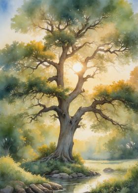 Sunrise Tree Watercolor