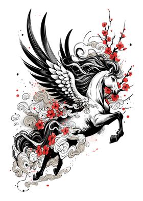 Ukiyo-e Pegasus with Cherry Blossoms 