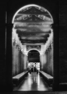 Black and White Arched Passageway in Rimini historical center by night