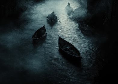 Boats in Foggy River