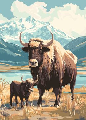 Yak and Calf in Mountain Landscape