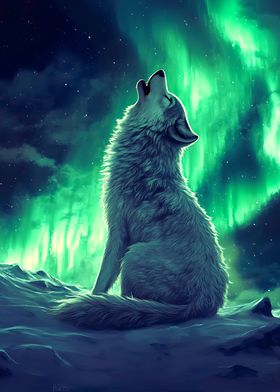 Wolf Howling at Aurora Borealis