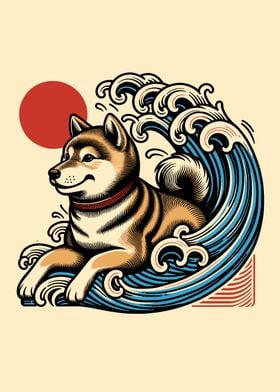 Shiba Inu Wave Japanese art style 